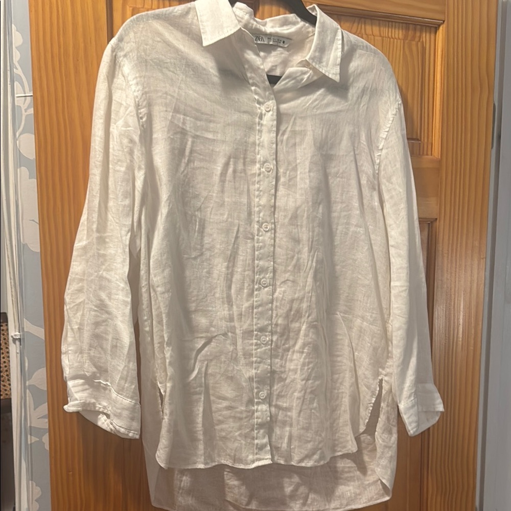 Zara White Linen Button Down Collared Shirt